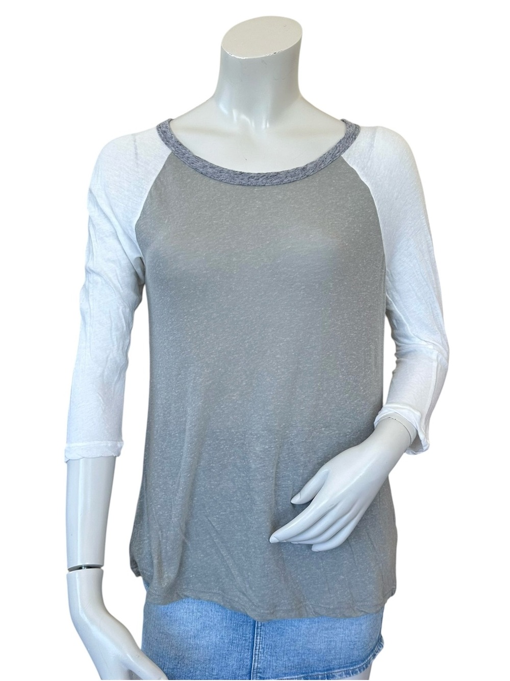 NWT Ladies James Perse Sage Gray White Colorblock Linen Blend Baseball Tee Small
